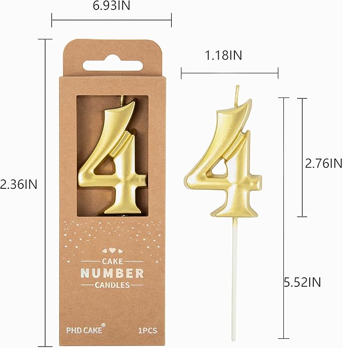 PHD CAKE 2.76 Inch Elegant Gold 4 Number Birthday Candles, Gold Number Candles, Cake Number Candles, Party Celebration