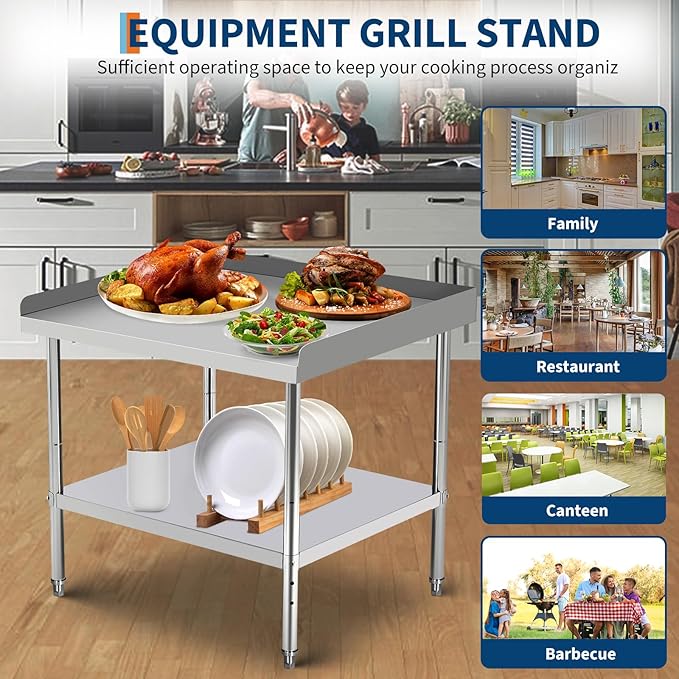 60x24x30 in Stainless Steel Equipment Grill Stand Table 400 LBS Capacity NSF Certified with Adjustable Legs, 2 in Edge Baffle, for Hotel, Home, Commercial Restaurant Kitchen