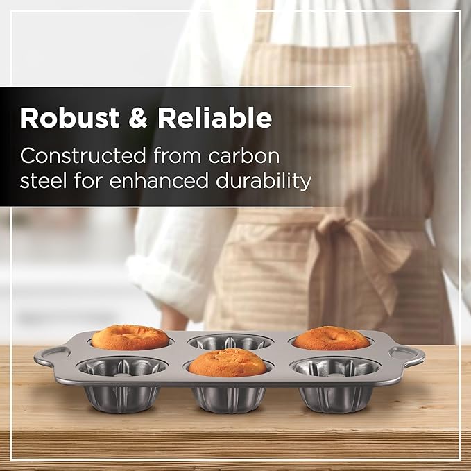 Wrenbury Set of 2 Nonstick Mini Buntz Cake Pan Non Stick for Baking - 6 Cup Bundtlette Fluted Cake Tin for Small Cakes - PFOA Free and Dishwasher Safe - 3.75” Cup Width