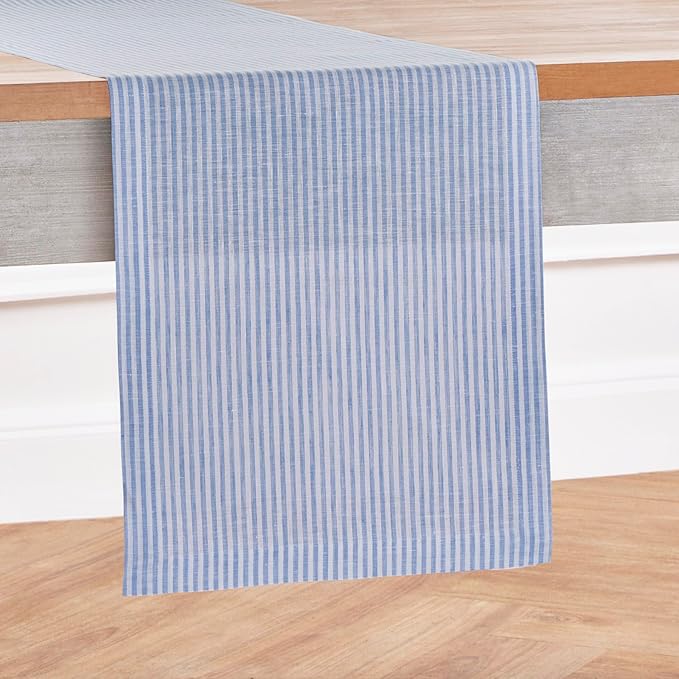 Solino Home Linen Striped Table Runner 108 Inches Long - Narrow Stripe 100% Pure Linen Cornflower Blue and White Dining Table Runner 14 x 108 Inch