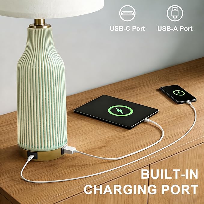 24.5" Modern 3-Way Dimmable Touch Control with USB A+C Ceramic Lamps Set of 2 Table Lamp for Living Room Bedroom Farmhouse Nightstand Bedside Green