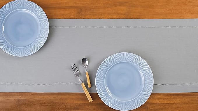 Solino Home Light Grey Table Runner 36 Inches - Cotton Linen Hemstitch Coffee Table Runner 14 x 36 Inch Ideal for Dresser Tables - Christmas, Holiday, New Year