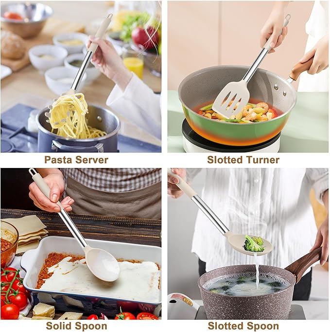 TeamFar Cooking Utensils Set, 5 PCS Silicone Kitchen Utensils with Stainless Steel Handle for Nonstick Cookware Turning Flipping Frying Draining, Heatproof & Healthy, Nonstick & Easy Clean, Khaki