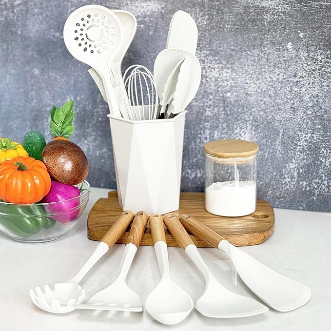 Silicone Kitchen Utensils Set, 12 Pieces Kitchen Utensils Set, Anti-Stick Heat Resistant Wooden Handle Cooking Utensils with Dish Holder, Silicone Spatula Tableware Set, Dishwasher Safe. Beige