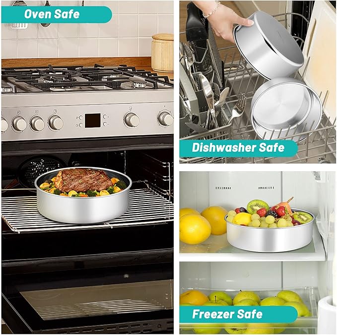 TeamFar Round Cake Pans, 9½’’x3’’ Stainless Steel Deep Tier Baking Cake Pan for Wedding Birthday Party, Non-Toxic & Heavy Duty, Straight & Deep Wall, Mirror Finish & Dishwasher Safe - Set of 2