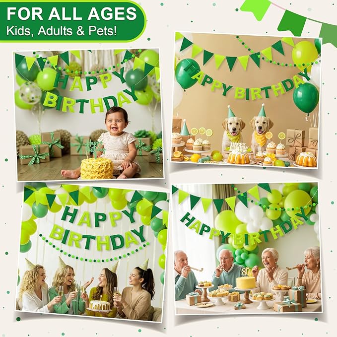 Pre-Strung Happy Birthday Banner & Felt Garland Set - Ombre Green Birthday Decorations for Women Men Boys Girls | Reusable Party Supplies for Indoor & Outdoor