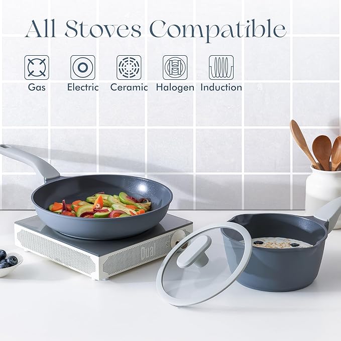 PRICUSIS Ceramic Pots and Pans Set Nonstick, 9Pcs Nontoxic Induction Cookware Set, Dishwasher Safe, Stay Cool Handle, PTFE PFOA & PFAS Free, Gray