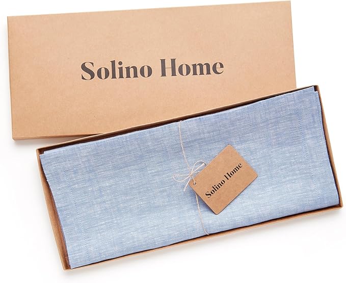 Solino Home Linen Table Runner 48 Inches - 100% Pure Linen Chambray Blue Table Runner 14 x 48 Inch Ideal for Dresser and Coffee Tables - Athena - Christmas, Winter, New Year