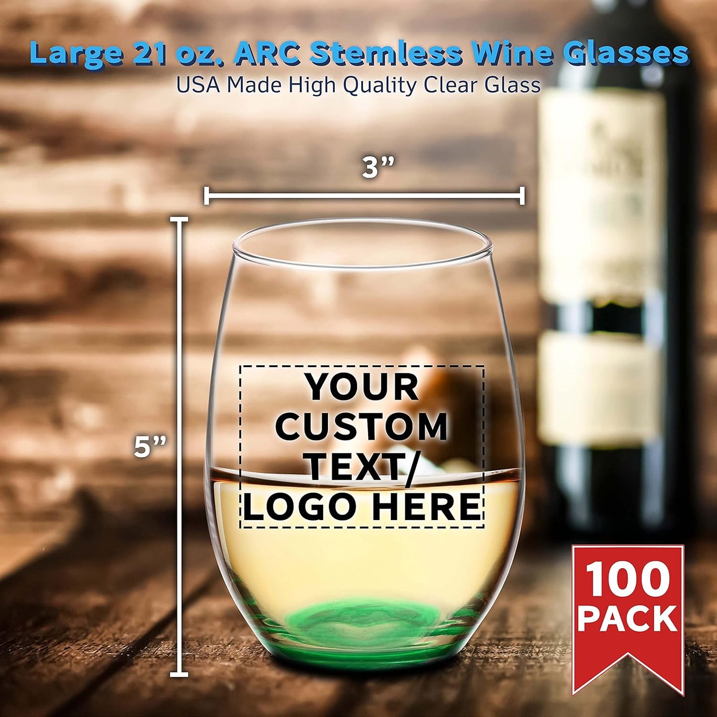 DISCOUNT PROMOS 100 ARC Stemless Wine Glasses Set, 21 oz. - Customizable Text, Logo - Chardonnay, Cabernet, Merlot, Sauvignon - Green