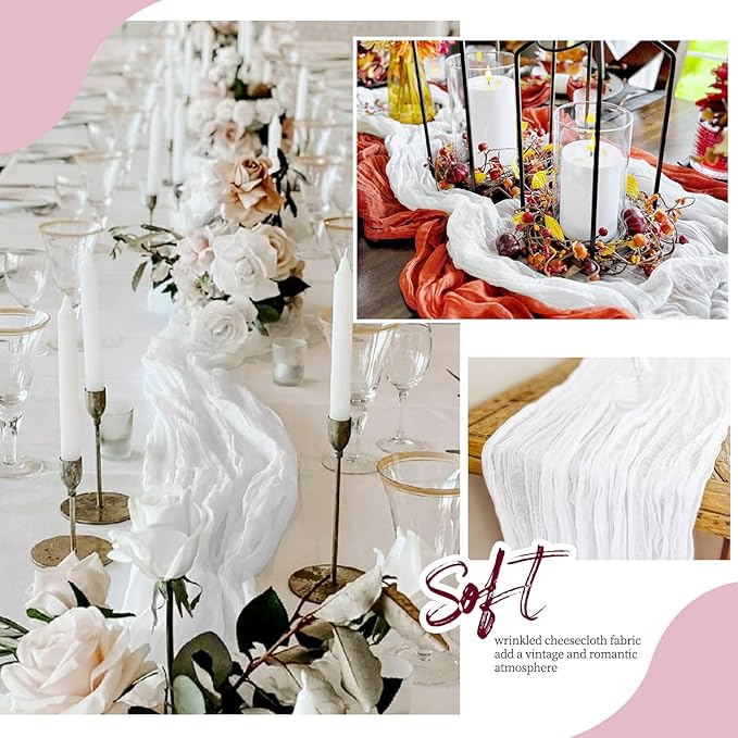 12 Pack White Cheesecloth Table Runner 17x108 Inch Semi Sheer Boho Gauze Cheese Cloth Fabric Table Runners, for Wedding Party Baby Shower Birthday Home Decor Garden Farmhouse