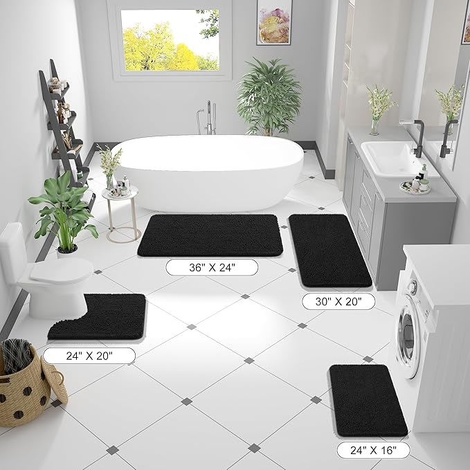 OLANLY Bathroom Rugs 59x35, Extra Soft Absorbent Chenille Bath Rugs, Rubber Backing Quick Dry, Machine Washable Bath Mats for Bathroom Floor, Tub and Shower, Home Decor Accessories, Black