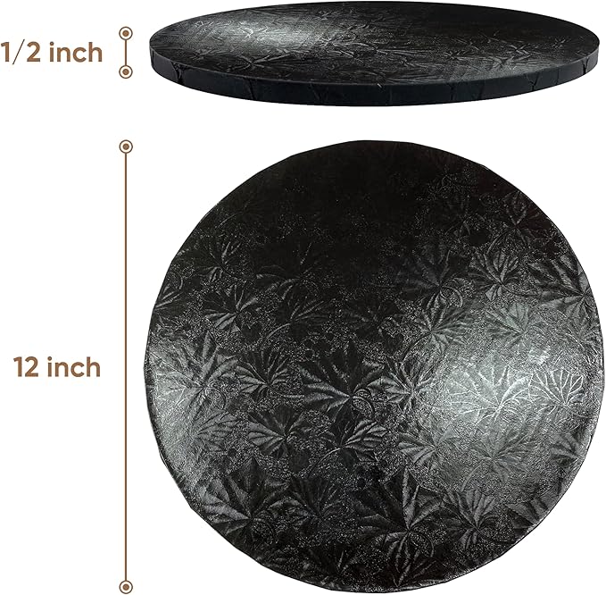 Cakebon Cake Boards - Sturdy 1/2 Thick Drums - 12 Inch Professional Fully Wrapped Edges Black 3-Pack