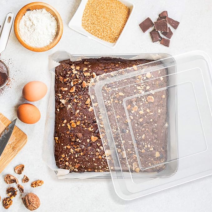 E-far 8 x 8-Inch Square Baking Pan with Lid, Stainless Steel Square Cake Brownie Pan, Fit for Toaster Oven, Non-toxic & Healthy, Easy Storage & Dishwasher Safe - 2 Pieces