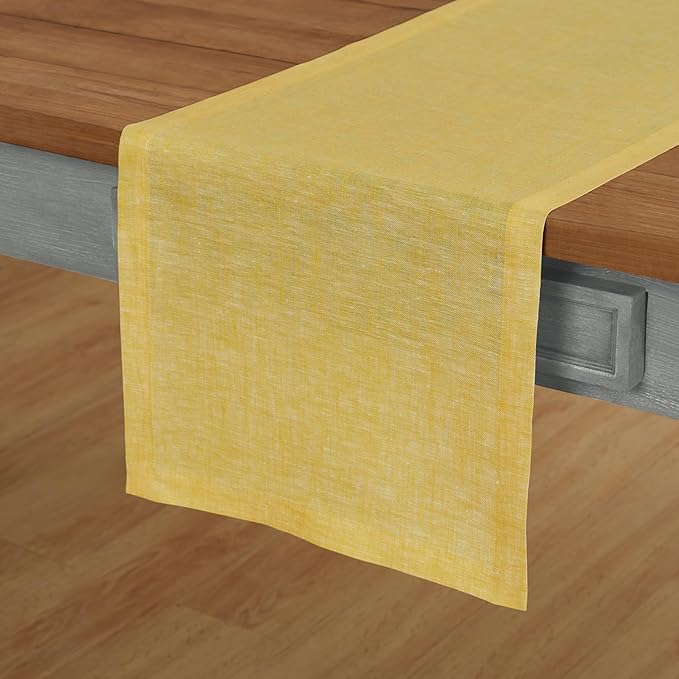 Solino Home Linen Table Runner 156 Inches Long - Athena, 100% Pure Linen Chambray Lemon Yellow Table Runner 14 x 156 Inch for Dining