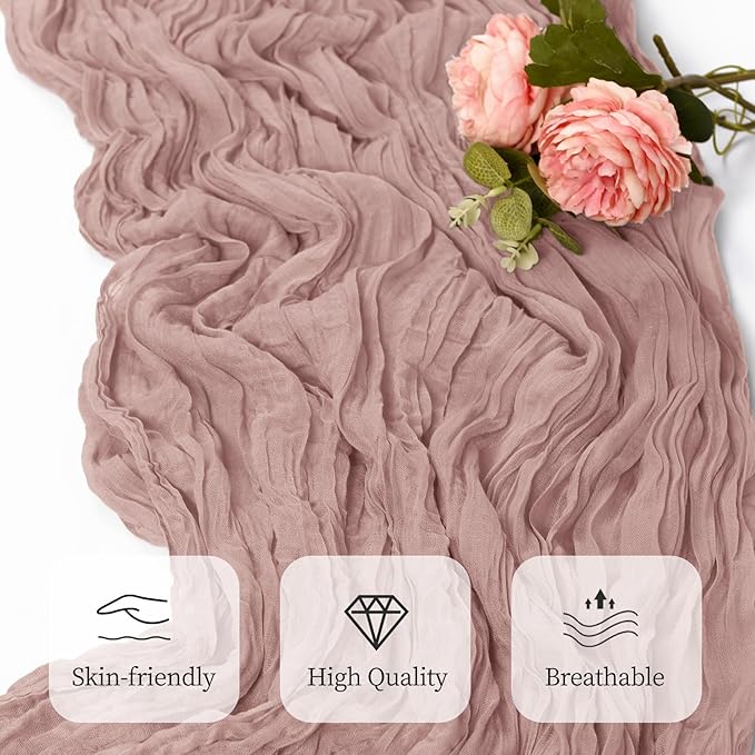 12 Pack Dusty Pink Cheesecloth Table Runner 17x108 Inch Semi Sheer Boho Gauze Cheese Cloth Fabric Table Runners, for Wedding Party Baby Shower Birthday Home Decor Garden Farmhouse