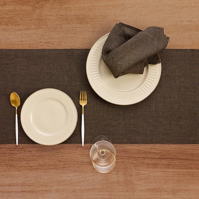 Solino Home Linen Small Table Runner 60 Inches - Athena, 100% Pure Linen Chambray Brown Table Runner 14 x 60 Inch Ideal for Dresser and Coffee Tables - Winter