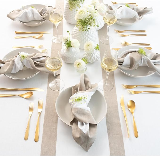 Solino Home Linen Table Runner 60 Inches - 100% Pure Linen Natural and White Table Runner 14 x 60 Inch Ideal for Dresser and Coffee Tables - Christmas, Winter, New Year - Contempo