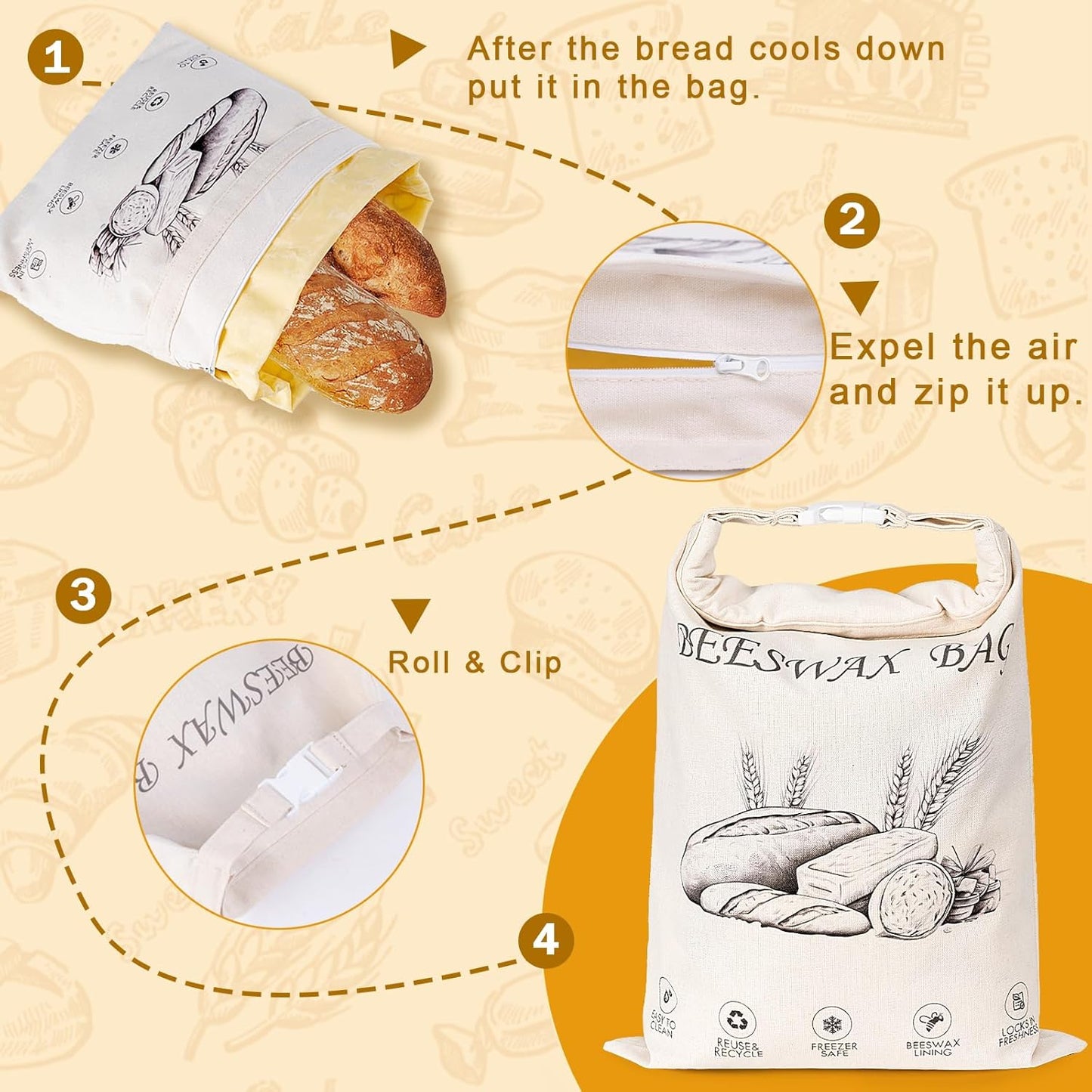 2-Pack Reusable Beeswax Bread Bags for Sourdough & Homemade Bread，Cotton Waxed Bags Keeps Fresh Longer(Amber Wheat)
