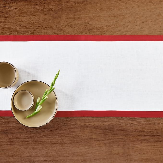 Solino Home Linen Table Runner 36 Inches - 100% Pure Linen Red and White Table Runner 14 x 36 Inch Ideal for Dresser and Coffee Tables - Classic - Christmas, Holiday, Winter, New Year