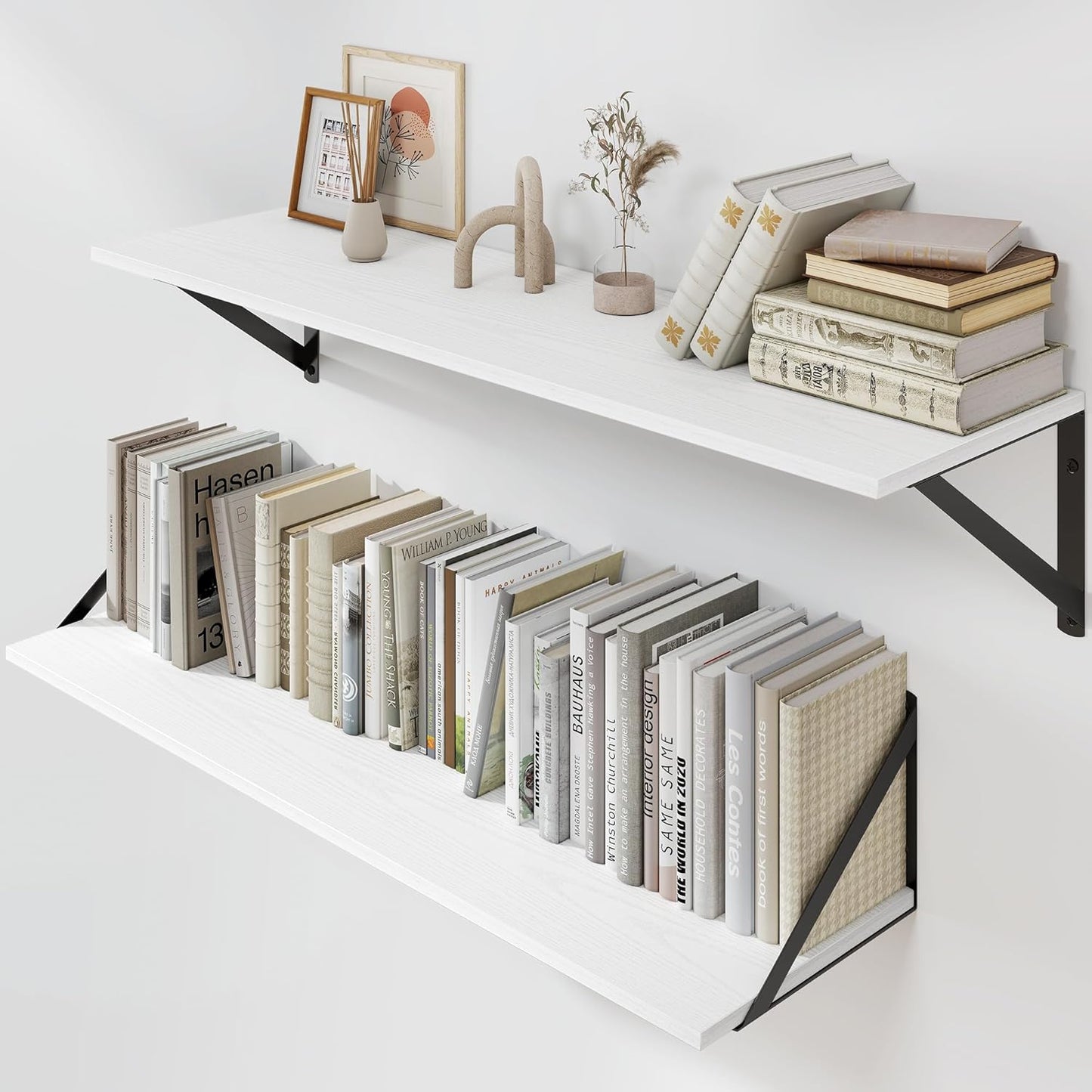 Heimlove White Deep Floating Shelves for Wall, 32W x 8D Wood Wall Shelves Set of 2, Wide Floating Bookshelf for Living Room, Kitchen, Office, Bedroom and Decor Storage, with Black Bracket - White