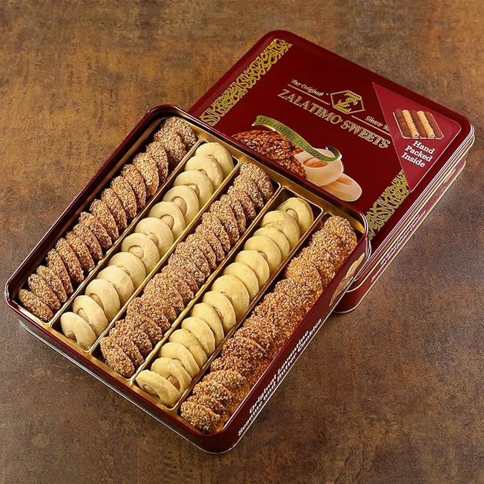 Zalatimo Sweets Since 1860, 100% All-Natural Sesame & Butter Shortbread Biscuits, Slightly Sweet, Square Gift Tin, No Preservatives, No Additives, 1.4 LB