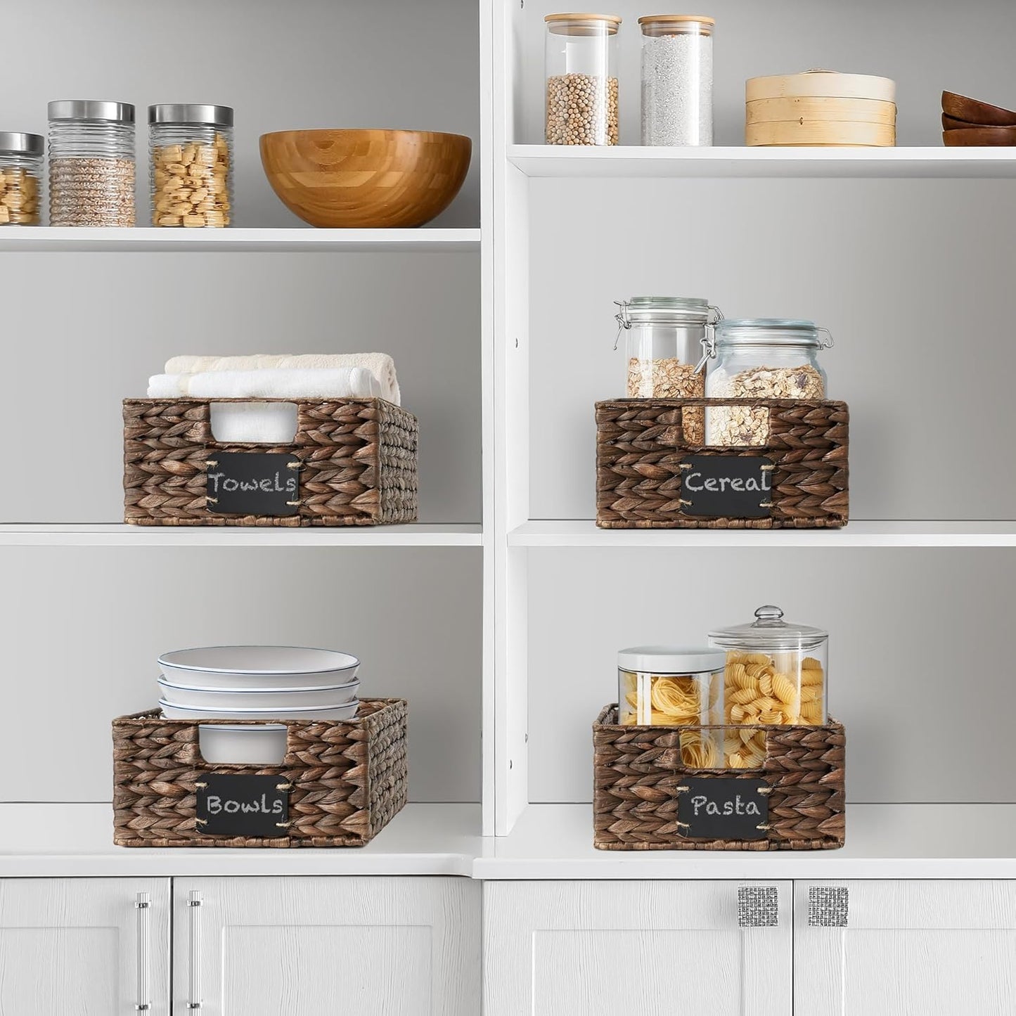 Casafield Set of 4 Water Hyacinth Pantry Baskets, 10" x 13" x 5", with Chalkboard Labels and Chalk Marker - Espresso, Woven Storage Bin Organizers for Kitchen Shelves