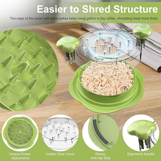Chicken Shredder Large Chicken Breast Shredder Tool Twist with Brush&Fork, Visible Meat Shredder Machine, Anti-Slip Strip, Ergonomic Handle, BPA Free, Pork Beef Chicken(Matcha)