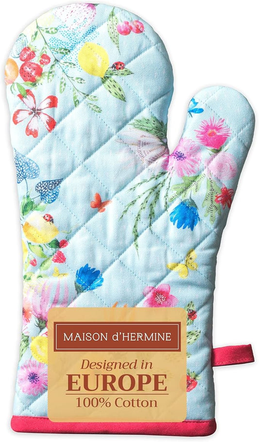 Maison d' Hermine Oven Gloves 100% Cotton Oven Mitt 7" x 13" with Loop Heat Resistant, BBQ, Cooking Gloves, Baking, Grilling, Kitchen, Handling Hot Pans Spring/Summer (Pack of 1, Jardin D'Ete - Mint)