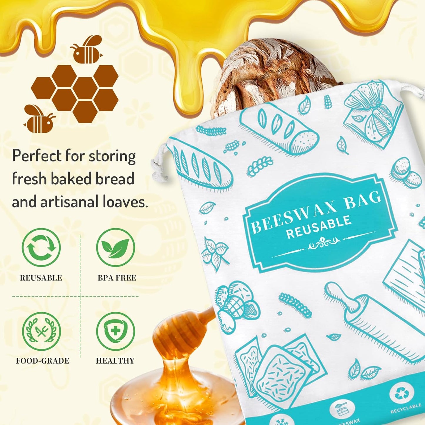 2-Pack Beeswax Bread Bags for Homemade Bread, Green Reusable Sourdough Storage Bags with Premium Beeswax Coating for Loafs Baguette Fresh Keeping,Great Homesteading Essentials and Baking Gifts.