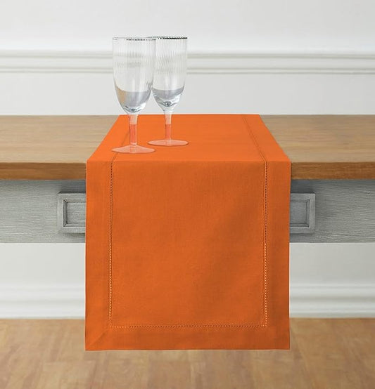 Solino Home Cotton Linen Table Runner 60 Inches - Pumpkin Hemstitch Table Runner 14 x 60 Inch Ideal for Dresser and Coffee Tables - Holiday