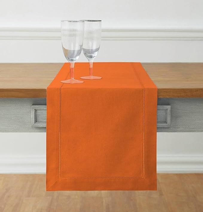 Solino Home Cotton Linen Pumpkin Table Runner 72 Inches Long - Hemstitch Table Runner 14 x 72 Inch for Dresser, Dining, Holiday