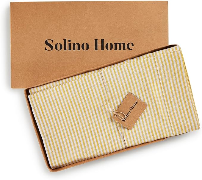 Solino Home Linen Table Runner 132 Inches Long - Narrow Stripe, 100% Pure Linen Spicy Mustard and White Table Runner 14 x 132 Inch for Dining