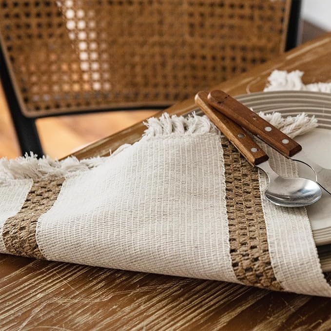 Niviy Boho Placemats Set of 12, 12x18 Inch Natural Cotton Burlap and Kitchen Woven Placemats with Tassels for Dining Table Centerpiece Thanksgiving Home Decorations