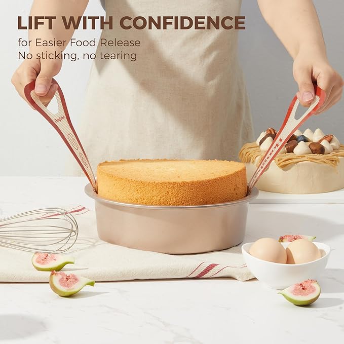 HONGBAKE 8 Inch Round Cake Pan Set for Baking with 2 Pcs Silicone Baking Sling Mats, Nonstick Circle Cake Pans Set of 2, 2.5" Deeper Layer Cake Tin for Oven, Cheesecake Mold, Huty Duty, Golden