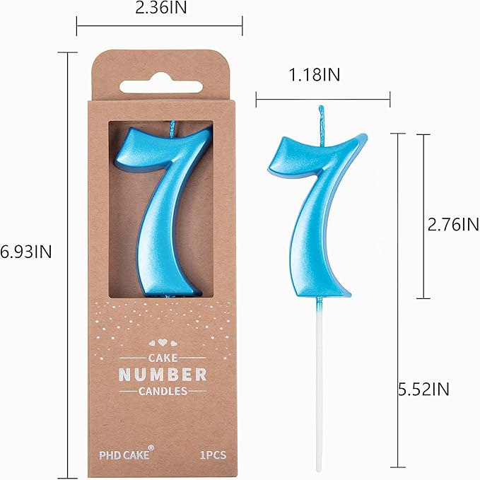 PHD CAKE 2.76 Inch Elegant Blue 7 Number Birthday Candles, Blue Number Candles, Cake Number Candles, Party Celebration