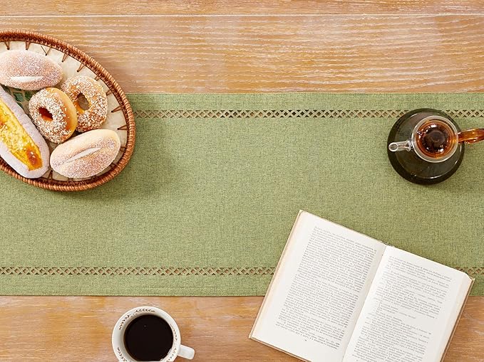 Burlap Style Farmhouse Table Runner, 13 x 108 Inch Sage Green, Rustic Geometric Hollow Table Runners 108 Inches Long for Dresser Table Everyday Use, 13x108 Inches, Sage Green