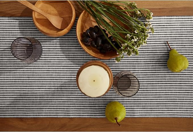 Solino Home Linen Striped Table Runner 108 Inches Long - Narrow Stripe 100% Pure Linen Black and White Dining Table Runner 14 x 108 Inch for Winter, Christmas, New Year