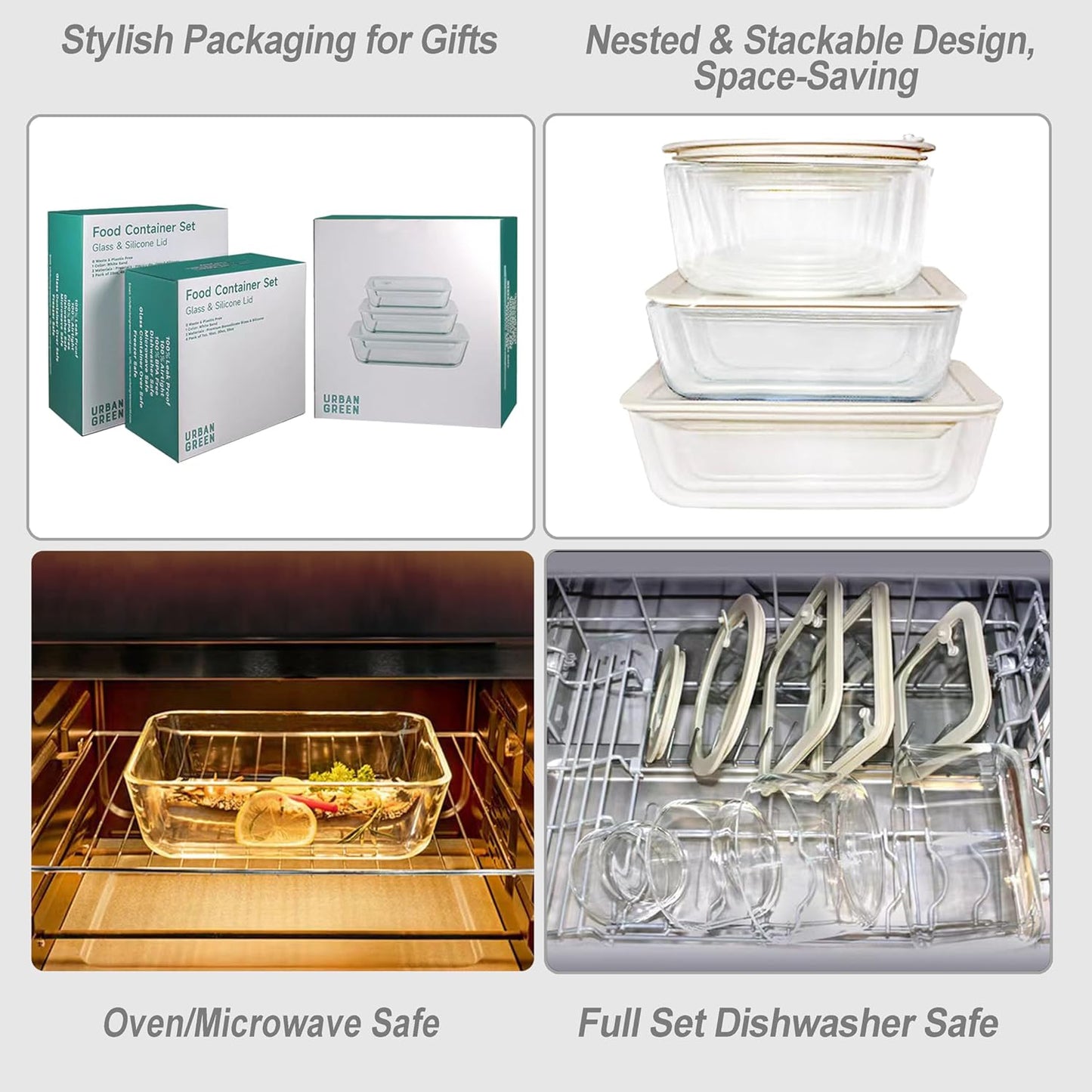 Urban Green Glass Food Container Set with Glass Lid, 3 Pack, Food Storage Containers Set, Airtight, LeakProof, 100% Plastic Free, Meal Prep Containers (White Color)