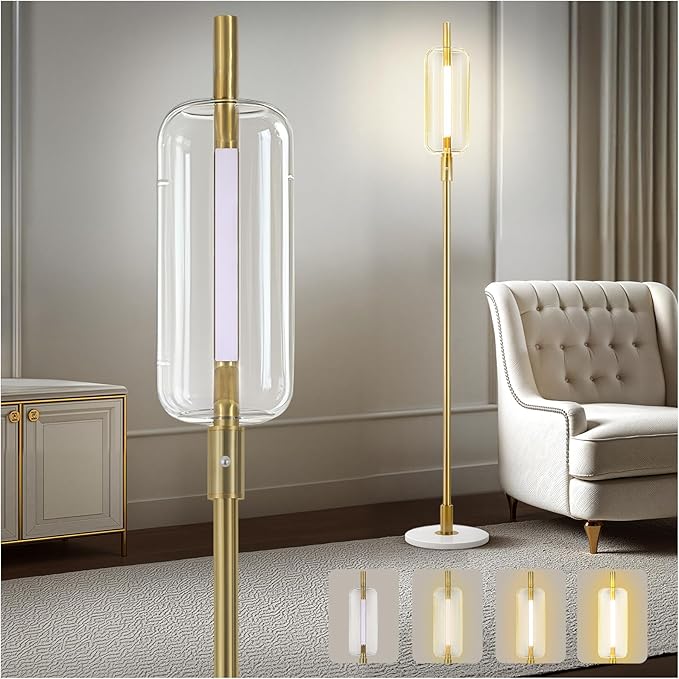 Dimmable Glass Floor Lamps for Living Room, Modern Standing Floor Lamp with Glass Lampshade, Marble Base, 64" Tall Lamp with Touch Switch for Bedroom Office Living Room