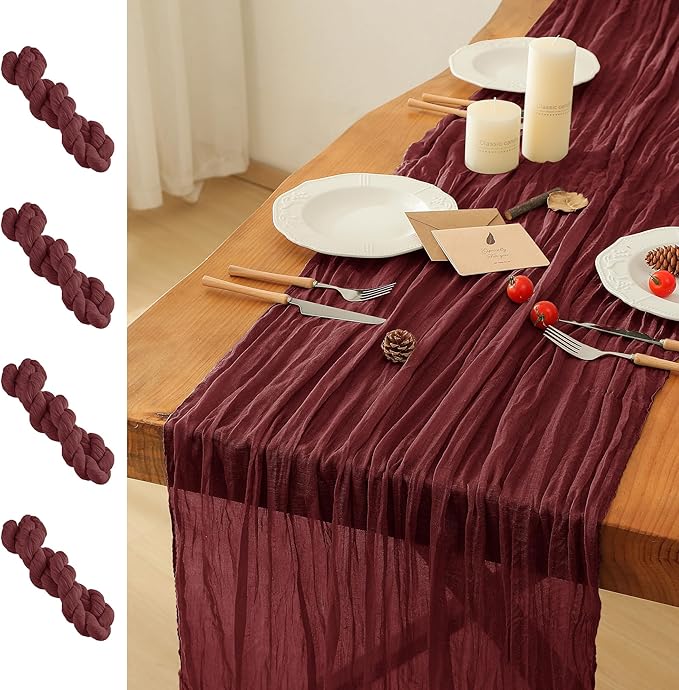 4 Pack Christmas Table Runner, 35x120 Inch Boho Rustic Cheese Cloth Table Runner, Decorative Table Runners for Bridal Baby Shower Decorations or Wedding Table Decorations