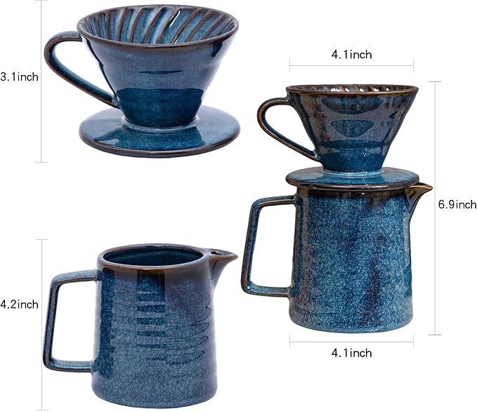 Topadorn Pour Over Coffee Maker Set, 13 Oz Ceramic Coffee Maker & Pour Over Coffee Dripper, Reusable Drip Coffee Maker for Café Restaurant Home Camping, Blue