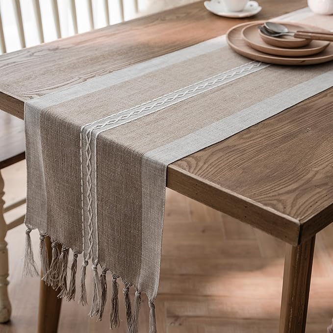 Niviy Farmhouse Table Runner, Embroidered Striped Braided Coffee Boho Table Runner, Cotton Linen Farmhouse Table Decoration for Holiday Party 12 x 90 Inches