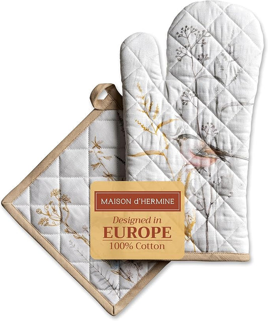Maison d' Hermine 100% Cotton Oven Mitt & Pot Holder Set (7.5"x13" & 8"x8") Heat Resistant BBQ Cooking Gloves with Loop, Grilling, Kitchen, Handling Hot Pans Spring/Summer (Meadow Florals - Beige)