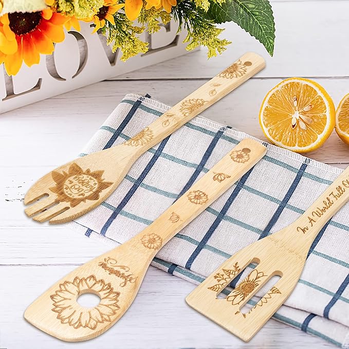 Eartim Sunflower Wooden Spoon Utensils - 5Pcs Summer Sunflower Theme Kitchen Cooking Utensil Set Natural Non-Stick Carve Burned Bamboo Cooking Spoon Slotted Spatulas Kitchen Tool Birthday Wedding Gift