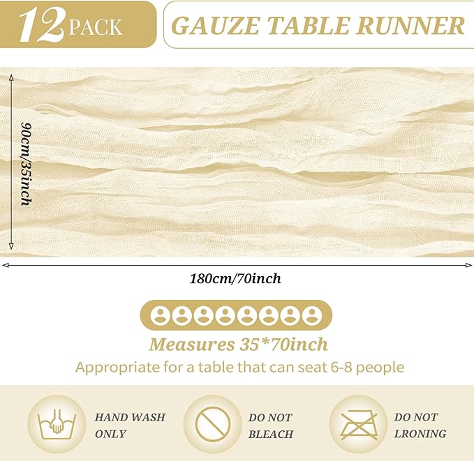 12 Pack Cheesecloth Table Runner 35 x 70 inch Long Boho Cheese Cloth Gauze Table Runners Semi Sheer Table Runner for Wedding Decor, Bridal Shower, Birthday Party (Ivory)