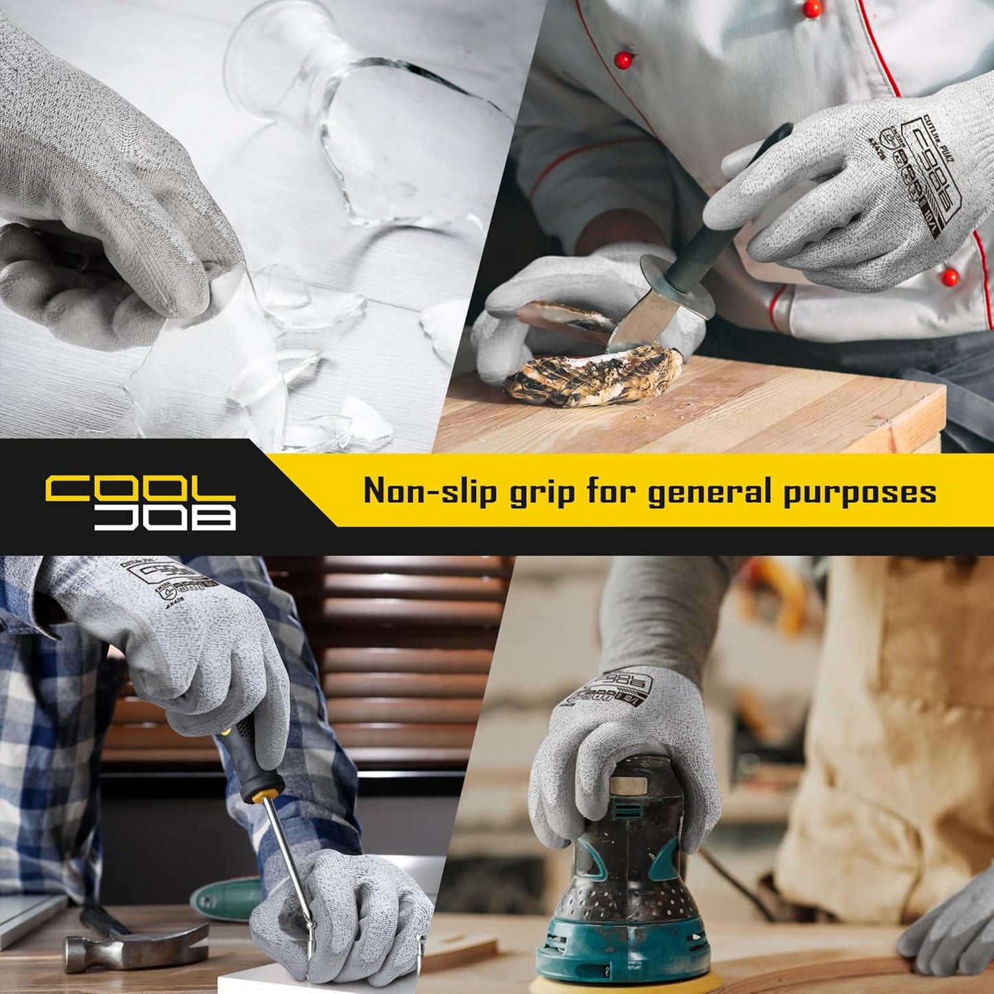 COOLJOB 12/120 Pairs Cut Resistant Safety Work Gloves with Grip, 13 Gauge Seamless Shell with PU Coating, ANSI A2 A4, Gray