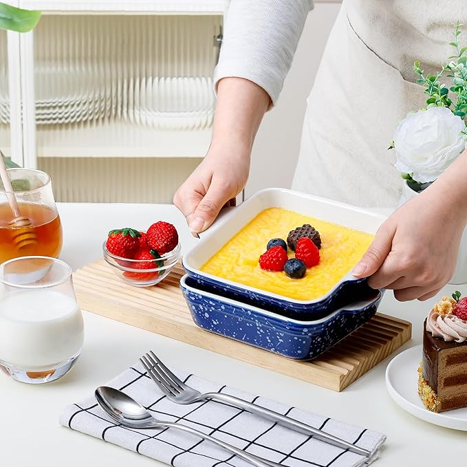 NUTRIUPS 13oz 5.9x5.9in Square Ceramic Baking Dish Set, 2-Pack Small Oven-Safe Baking Pan for Lasagna, Casserole - Bakeware for Baking & Serving (Blue)