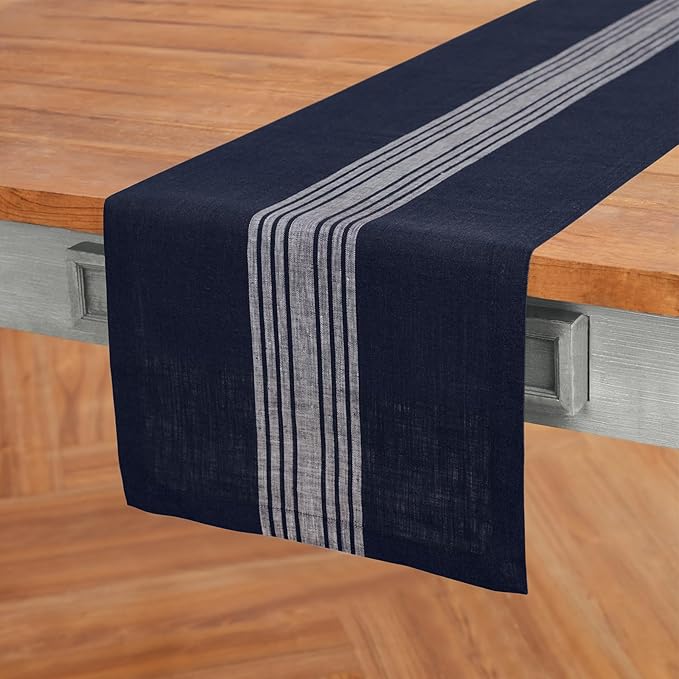 Solino Home Linen Table Runner 120 Inches Long - 100% Pure Linen Farmhouse White and Navy Table Runner 14 x 120 Inch Ideal for Dining, Christmas, New Year, Holiday