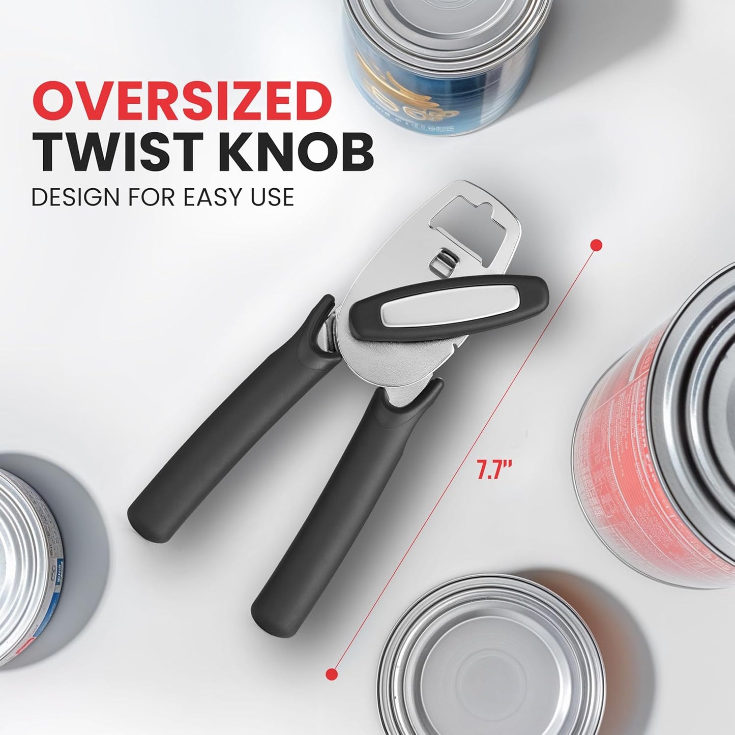 Zulay Kitchen Heavy Duty Stainless Steel Manual Can Opener – Ergonomic Soft Grip Handles, Smooth Edge Cutting Wheel & Large Built In Bottle Opener – Easy Turn Knob for Effortless Use - Black