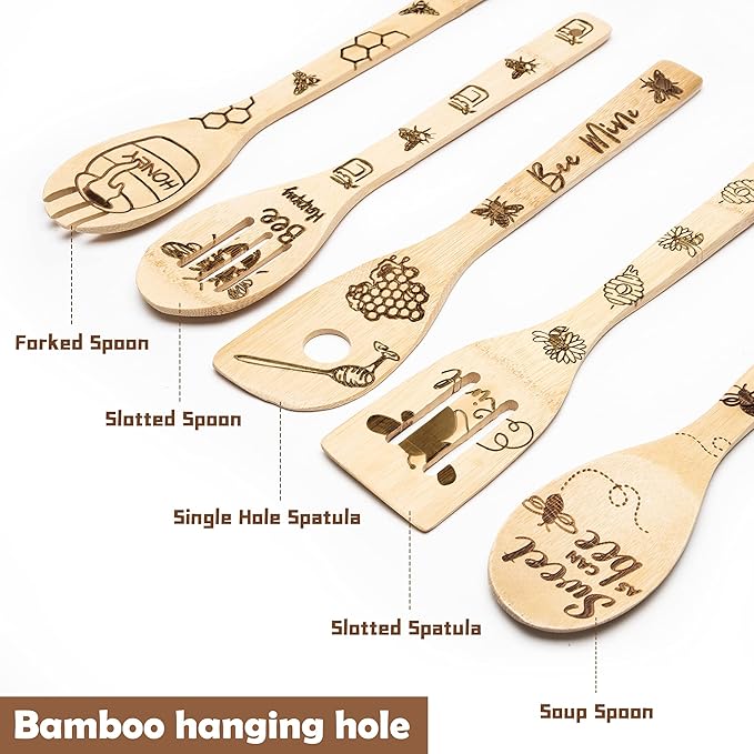 Eartim Bee Wooden Spoons Spatula Set - 5Pcs Bee Themed Cooking Utensil Natural Non-Stick Carve Burned Bamboo Spoon Slotted Spatula Cookware Kitchen Gadgets Housewarming Gift Chef Present Kitchen Decor
